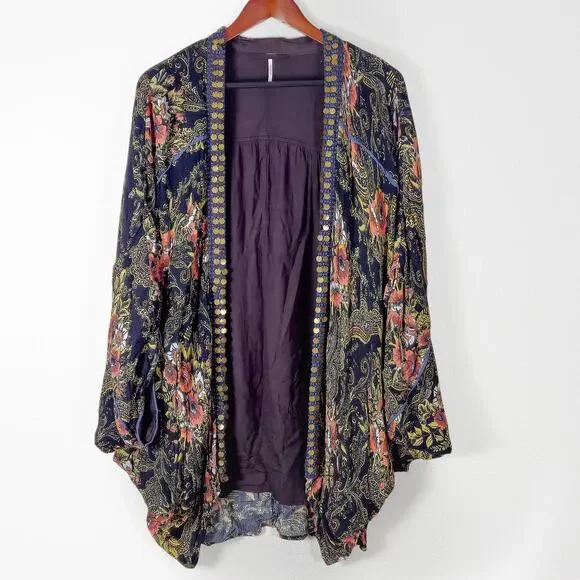Free People Women's Jaipur Kimono Floral Embroidered Cardigan One Size Relaxed - Picture 1 of 12